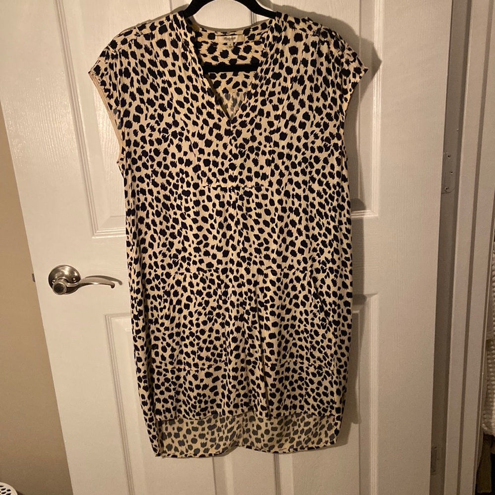 Madewell leopard print high low cap sleeve above knee shift dress size small
